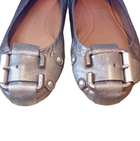 Chloe Leather Ballet Metallic Buckle-Detail Flats with Stud Accents Size 37.5 - Picture 6 of 7